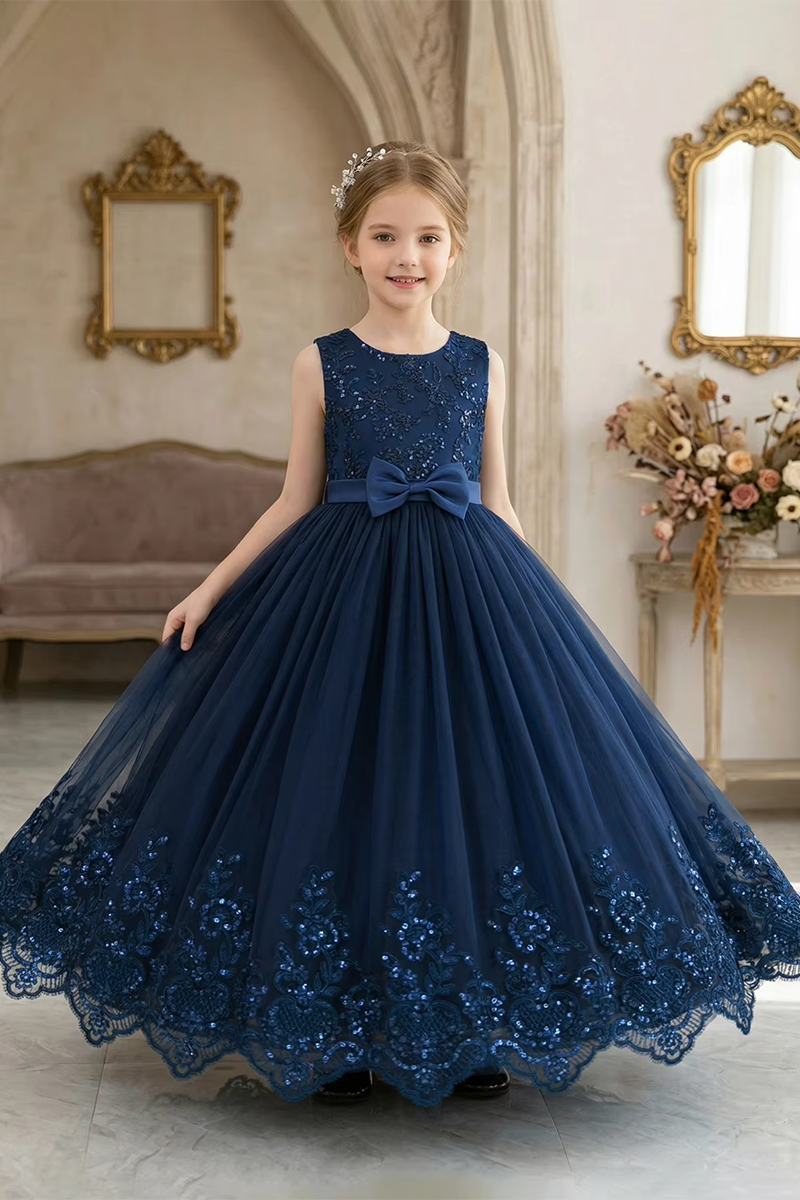 Girls Navy Blue Tulle Flower Girl Dress for Weddings with Sequin Lace Bow Sash