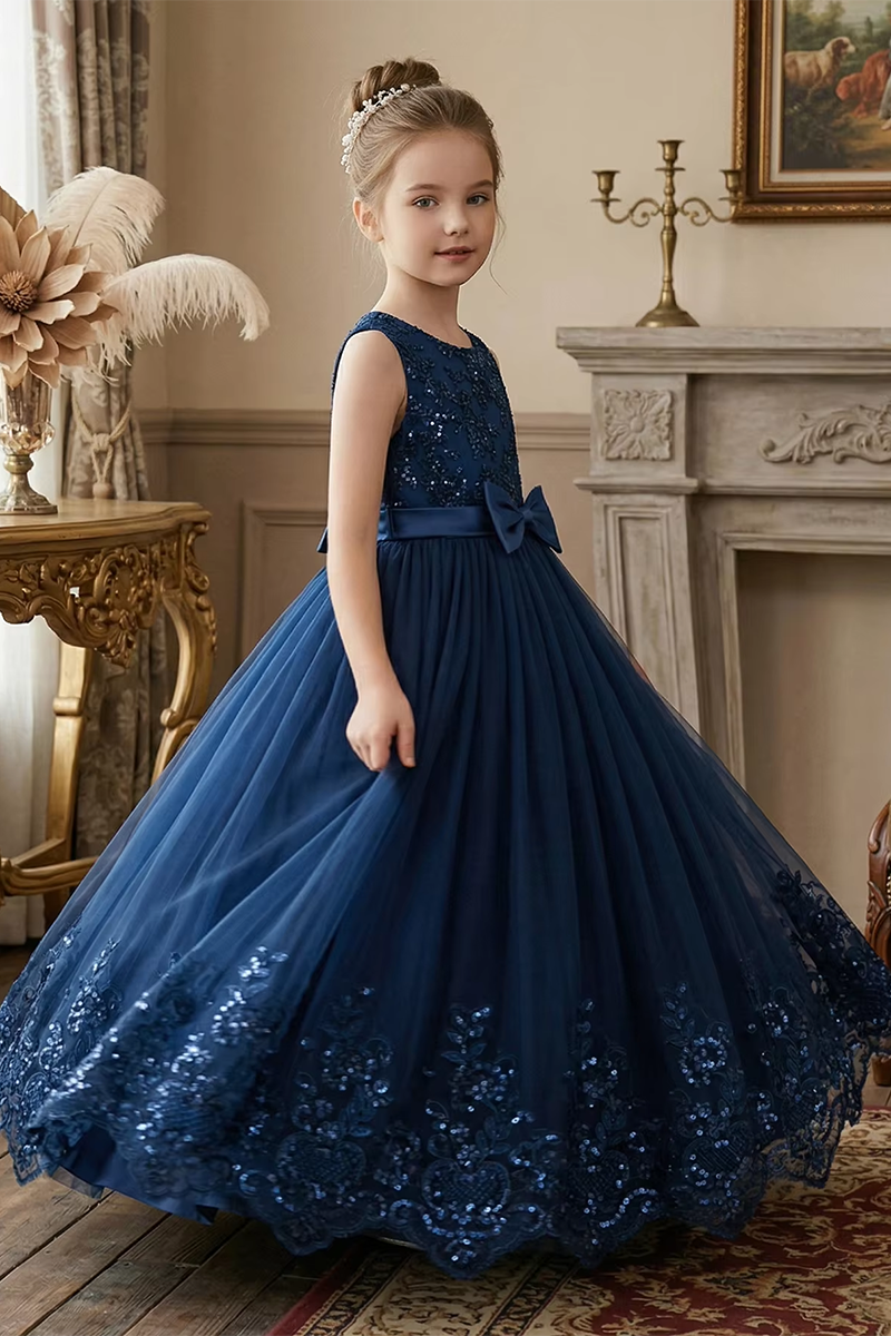 Girls Navy Blue Tulle Flower Girl Dress for Weddings with Sequin Lace Bow Sash