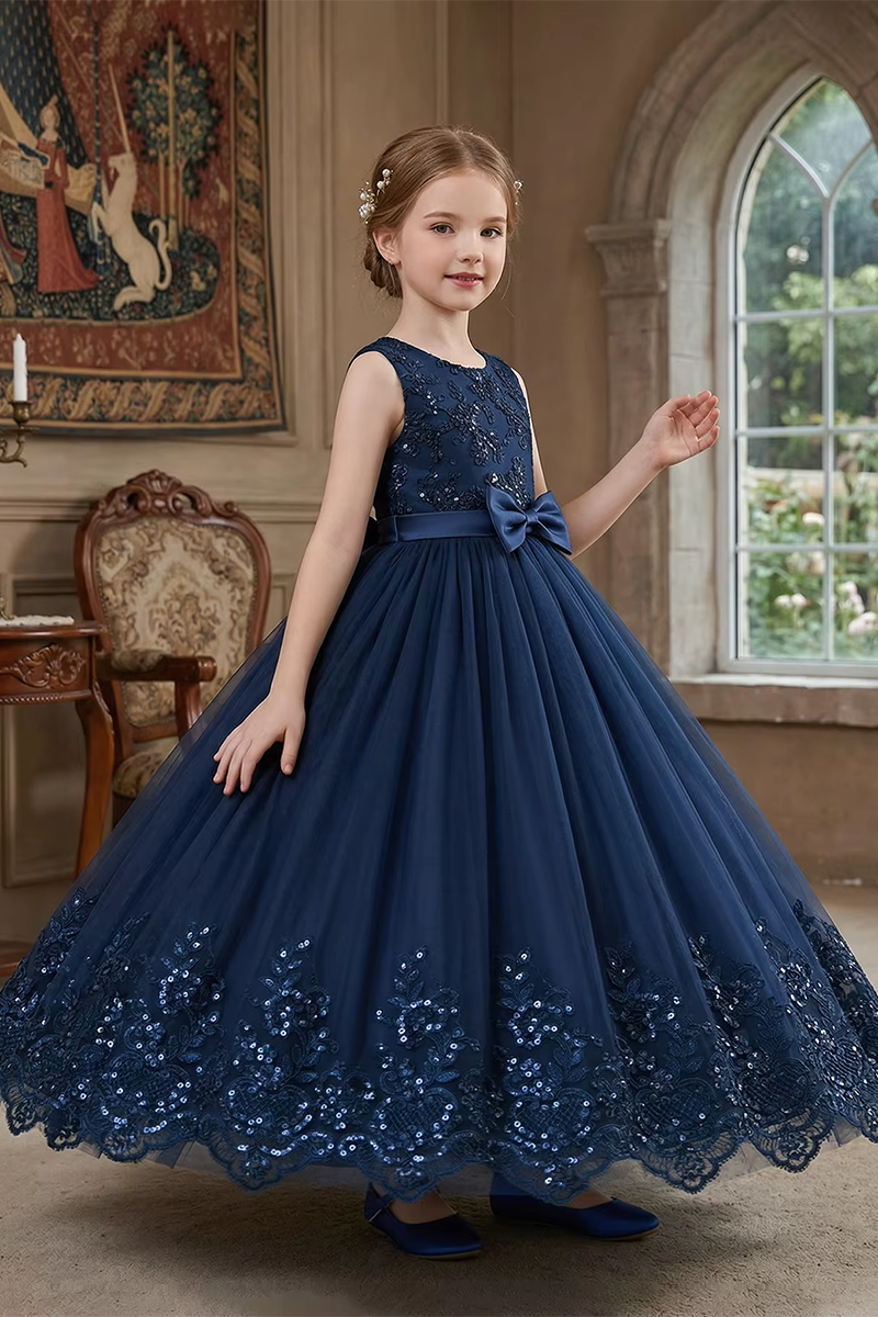 Girls Navy Blue Tulle Flower Girl Dress for Weddings with Sequin Lace Bow Sash