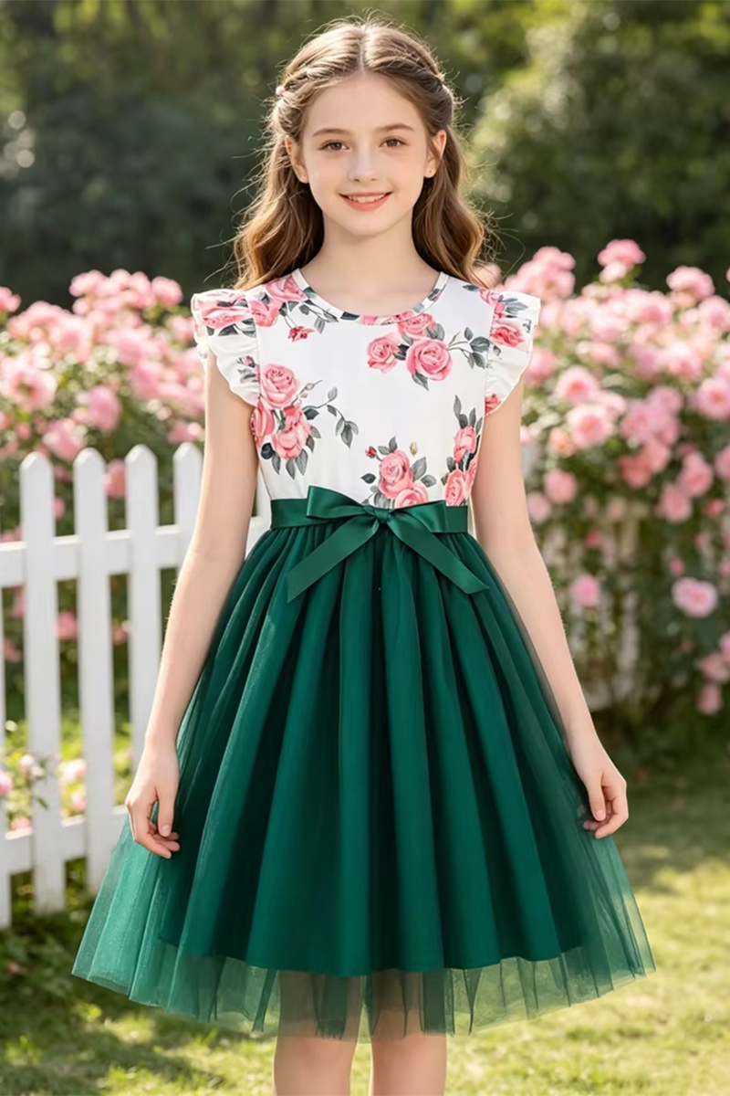 Girls Floral Print Green Tulle Dress for Garden Weddings with Ruffle Sleeves Bow Sash
