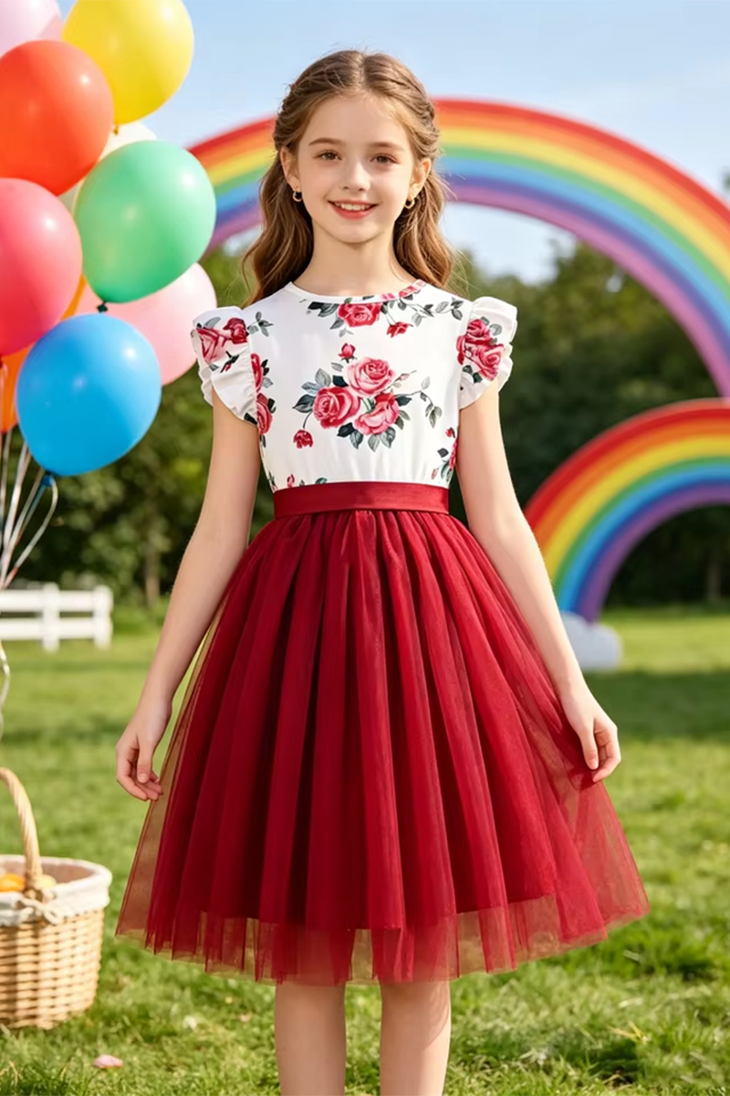 Girls Floral Print Green Tulle Dress for Garden Weddings with Ruffle Sleeves Bow Sash