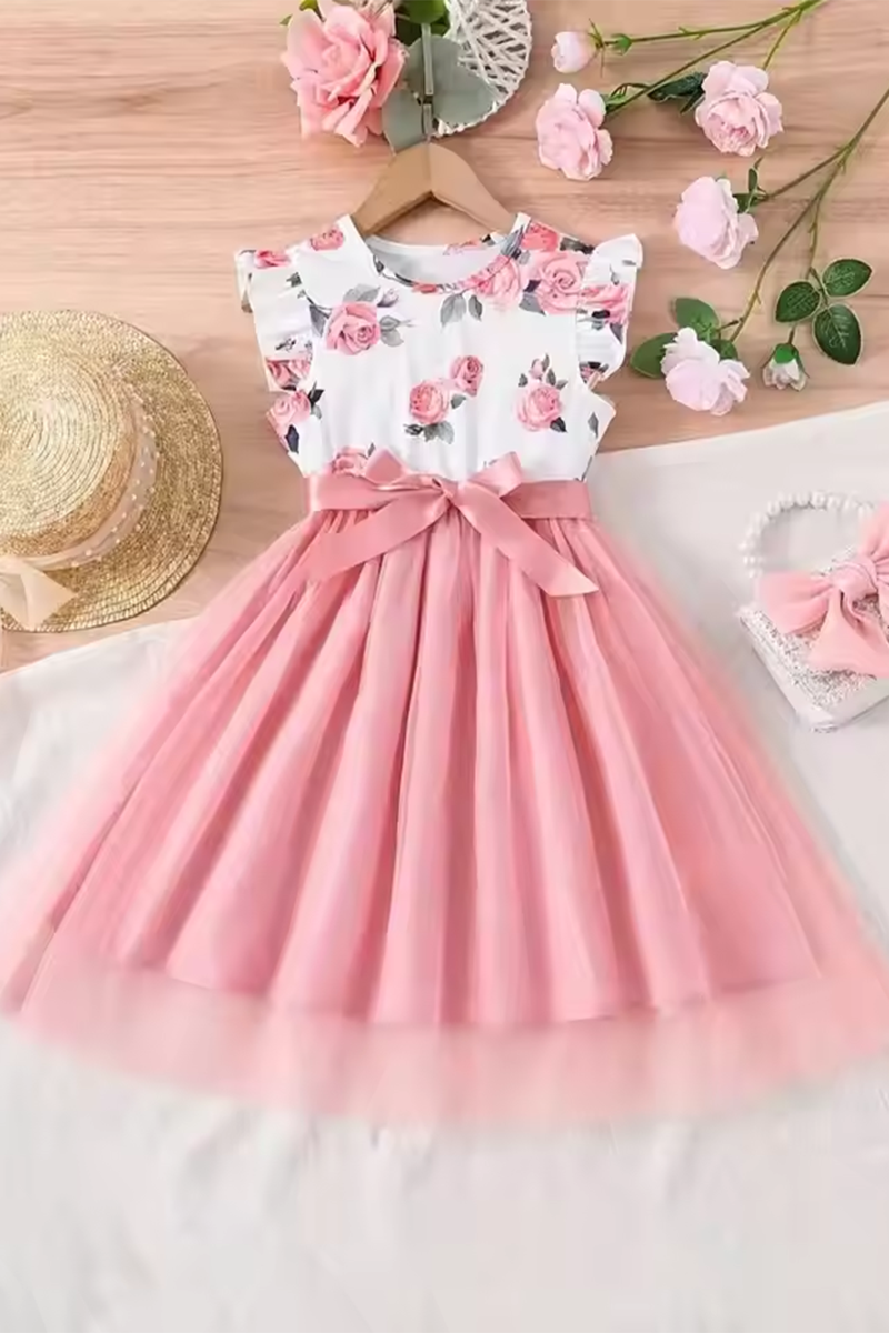 Girls Floral Print Green Tulle Dress for Garden Weddings with Ruffle Sleeves Bow Sash