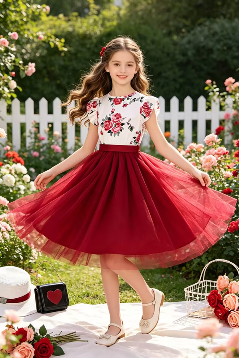 Girls Floral Print Green Tulle Dress for Garden Weddings with Ruffle Sleeves Bow Sash