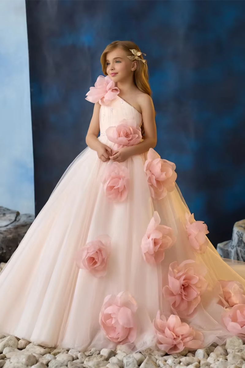 Girls Pink Tulle One‑Shoulder Flower Girl Dress for Weddings with 3D Floral Appliques