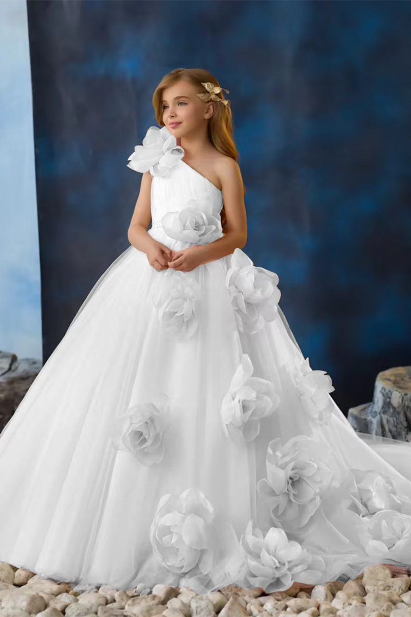 Girls Pink Tulle One‑Shoulder Flower Girl Dress for Weddings with 3D Floral Appliques