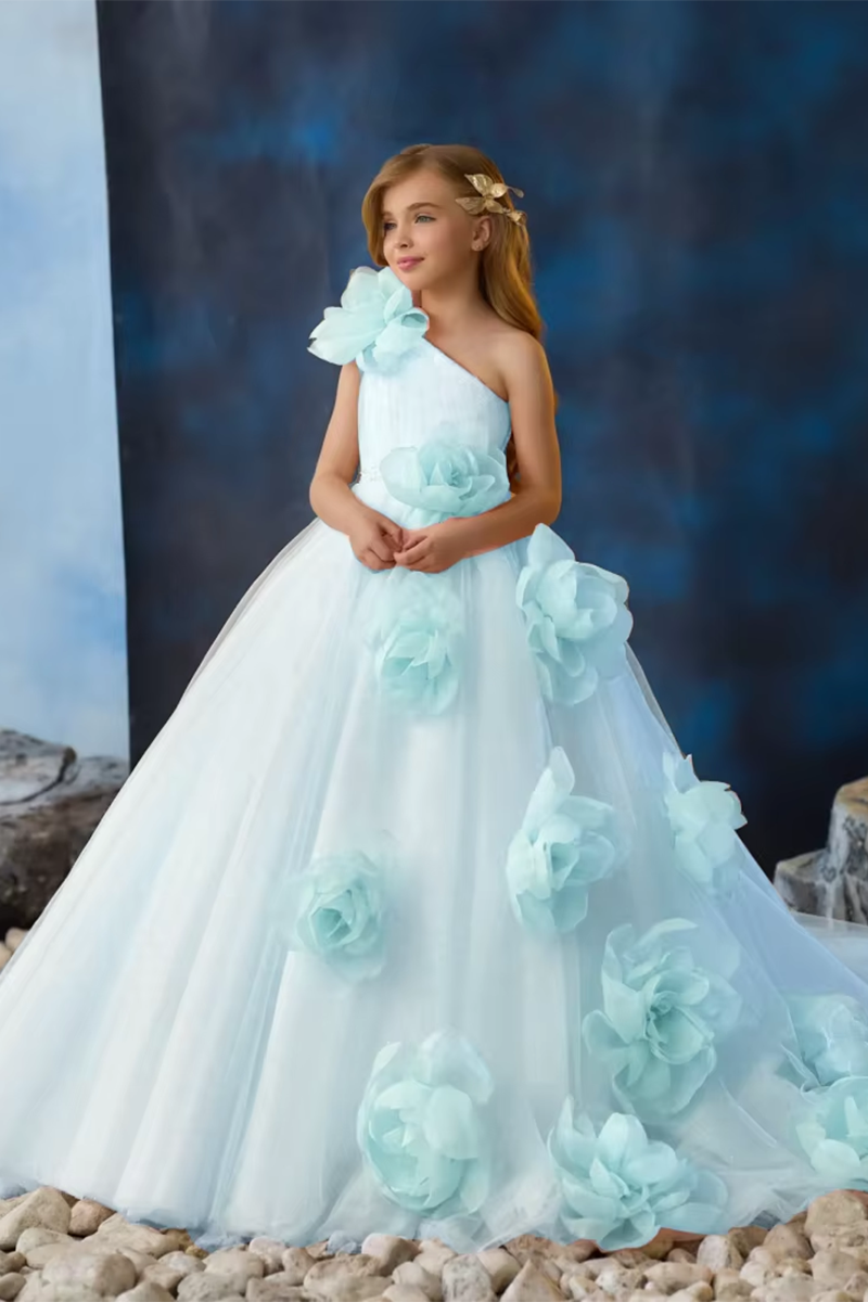 Girls Pink Tulle One‑Shoulder Flower Girl Dress for Weddings with 3D Floral Appliques
