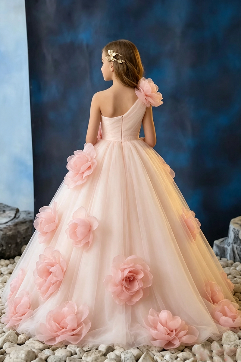 Girls Pink Tulle One‑Shoulder Flower Girl Dress for Weddings with 3D Floral Appliques