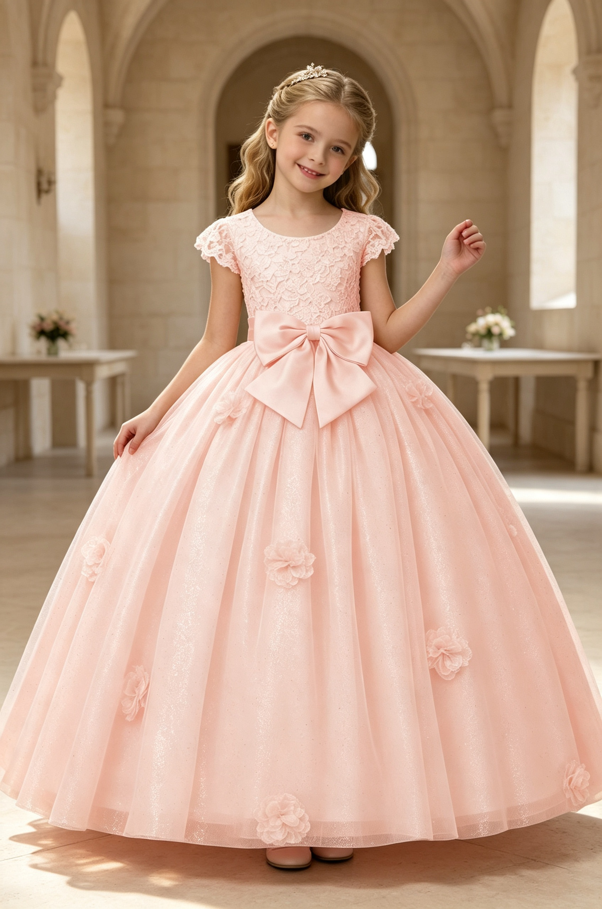 Pale Yellow Glitter Tulle Lace 3D Floral Bow A‑Line Princess Dress