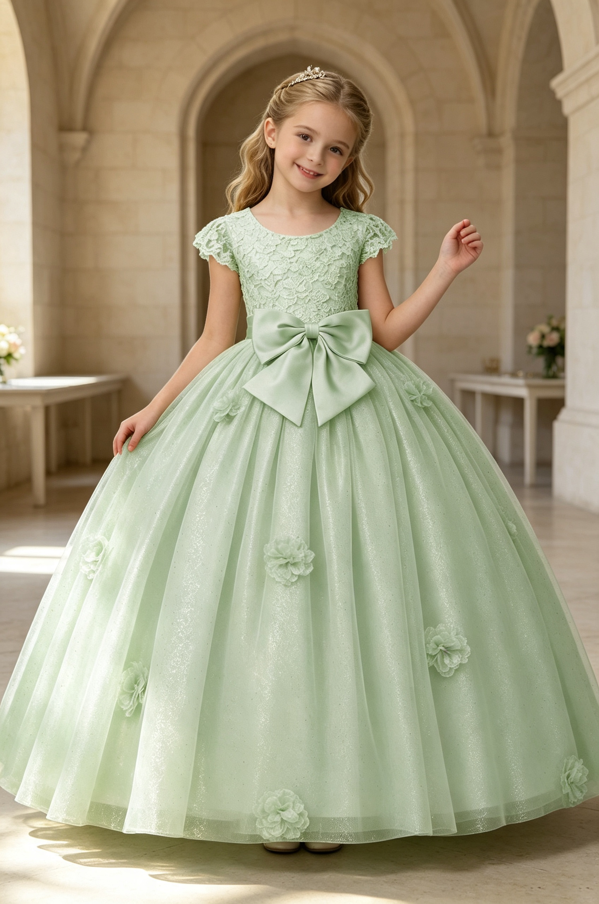 Pale Yellow Glitter Tulle Lace 3D Floral Bow A‑Line Princess Dress