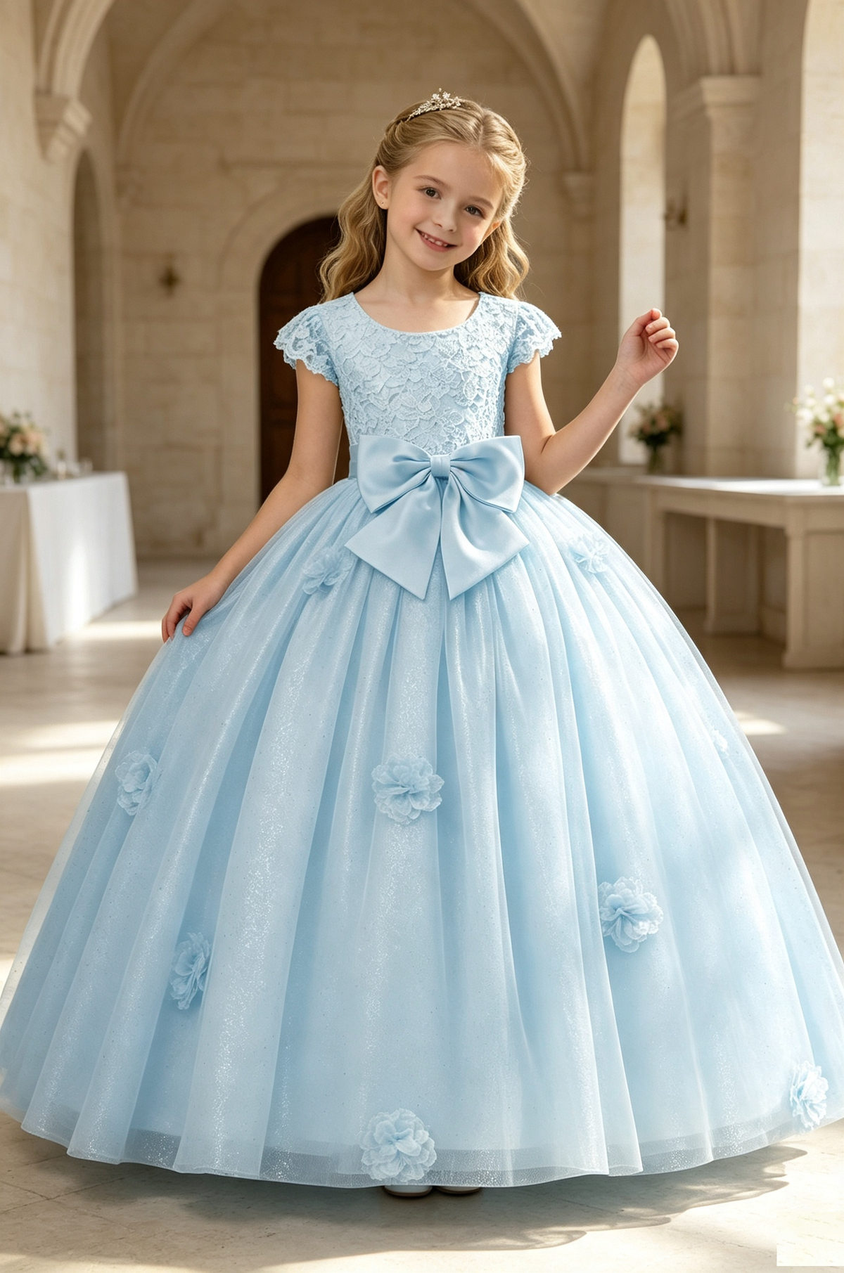 Pale Yellow Glitter Tulle Lace 3D Floral Bow A‑Line Princess Dress