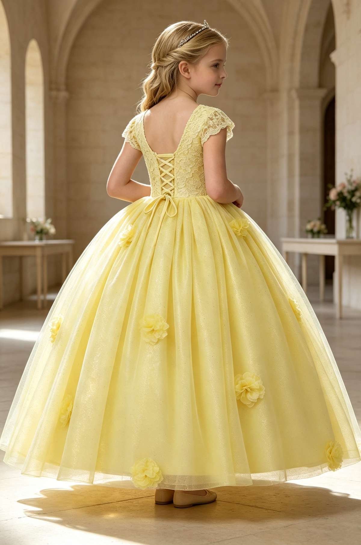 Pale Yellow Glitter Tulle Lace 3D Floral Bow A‑Line Princess Dress