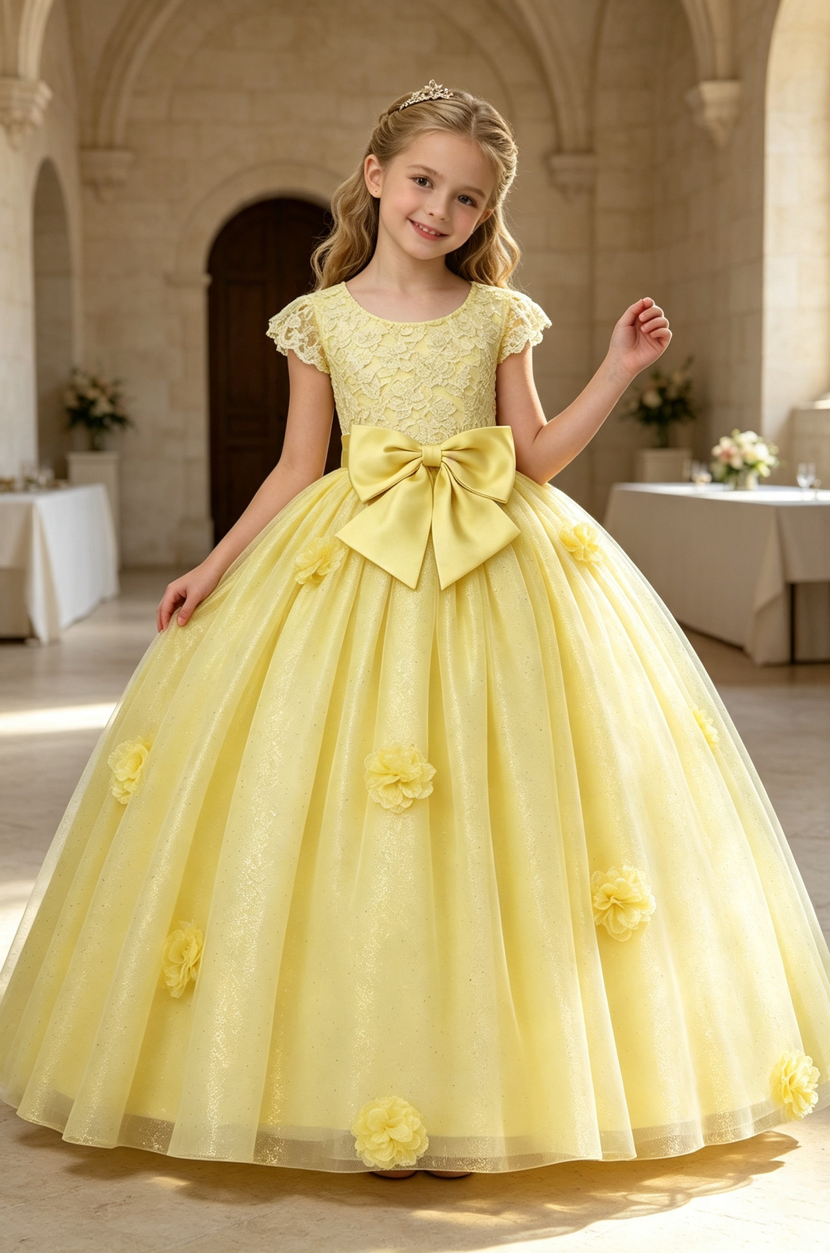 Pale Yellow Glitter Tulle Lace 3D Floral Bow A‑Line Princess Dress