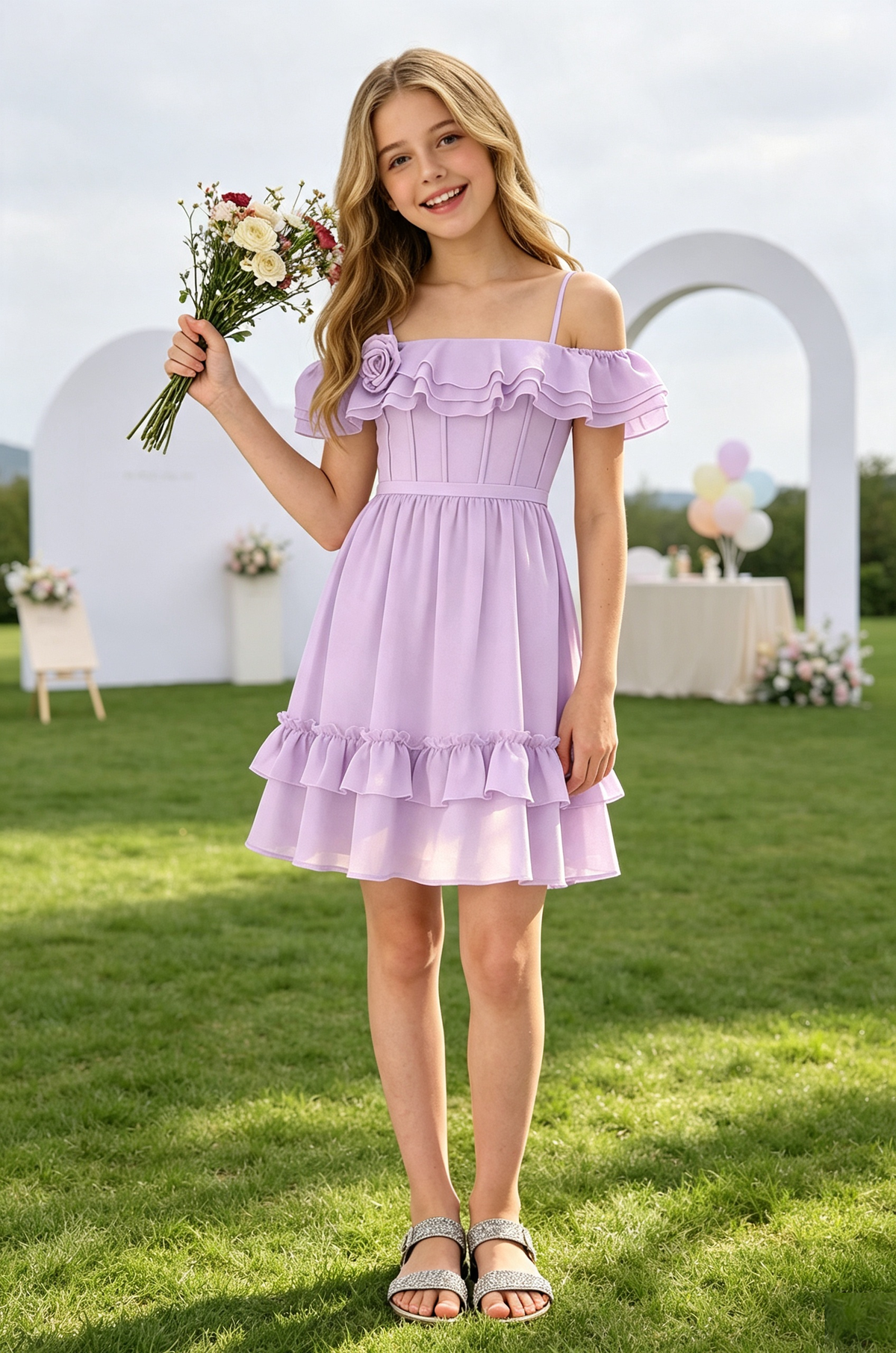 Light Blue Chiffon Off‑Shoulder Spaghetti Strap 3D Flower Ruffle A‑Line Dress
