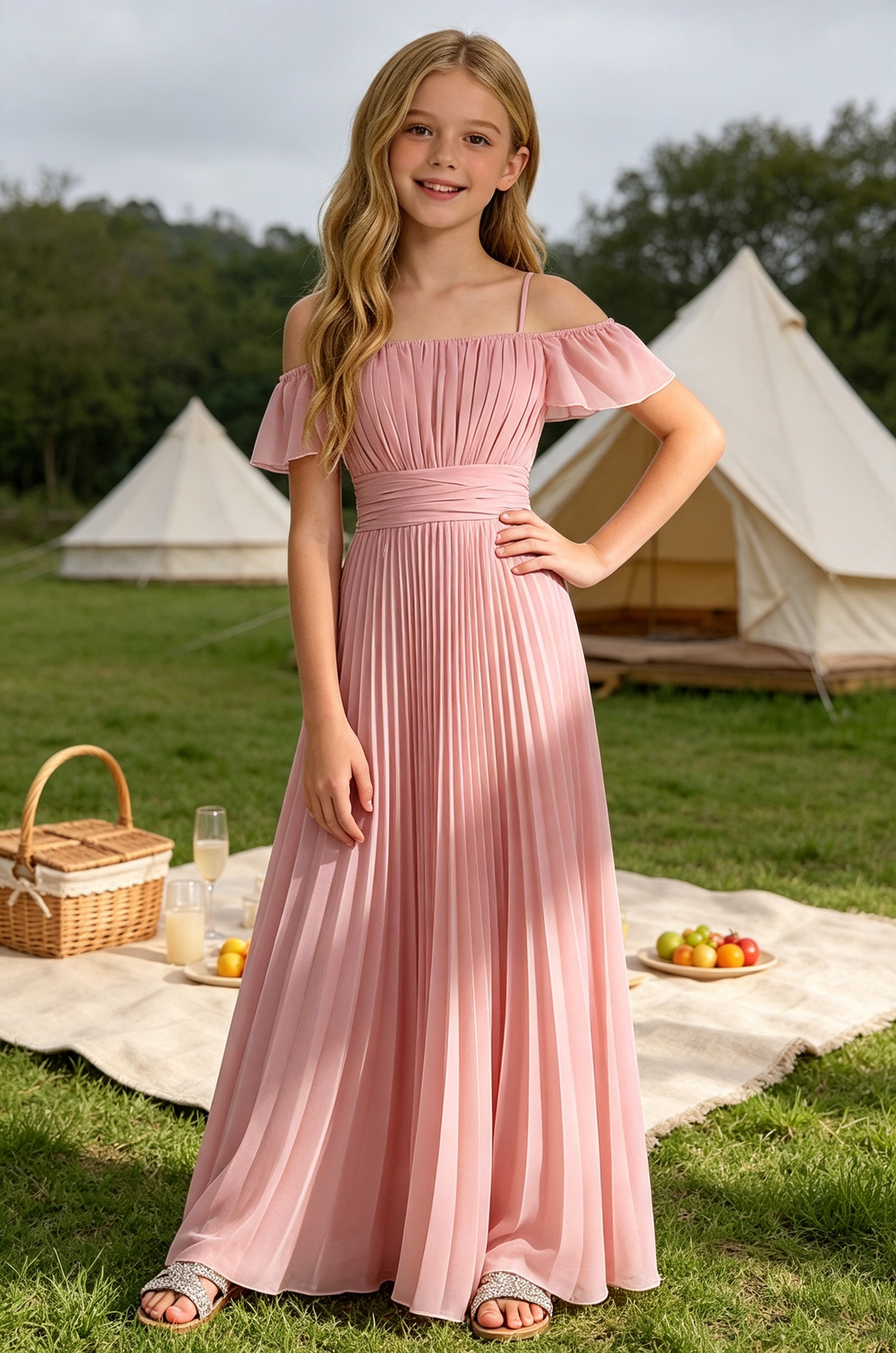 Pink Chiffon Off‑Shoulder Spaghetti Strap Pleated A‑Line Dress