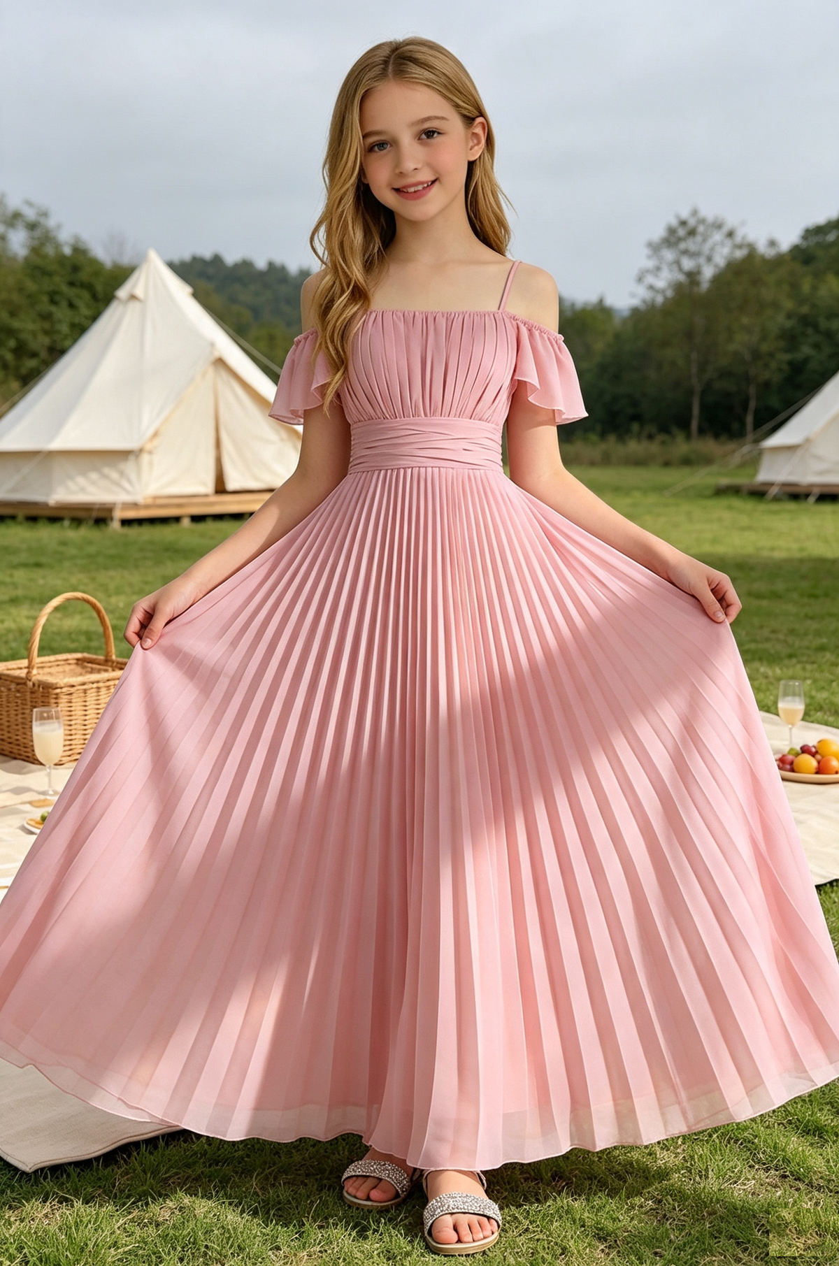 Pink Chiffon Off‑Shoulder Spaghetti Strap Pleated A‑Line Dress