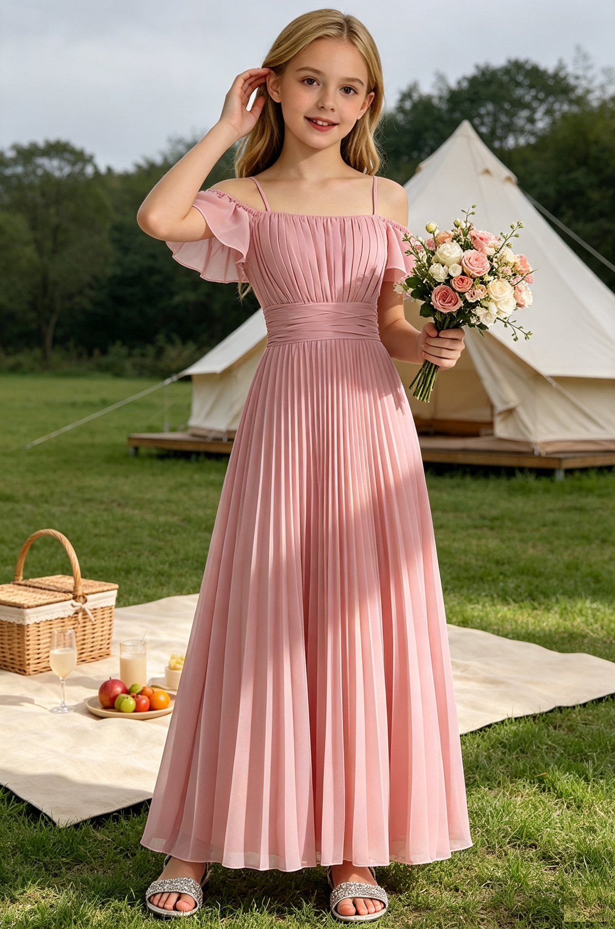 Pink Chiffon Off‑Shoulder Spaghetti Strap Pleated A‑Line Dress
