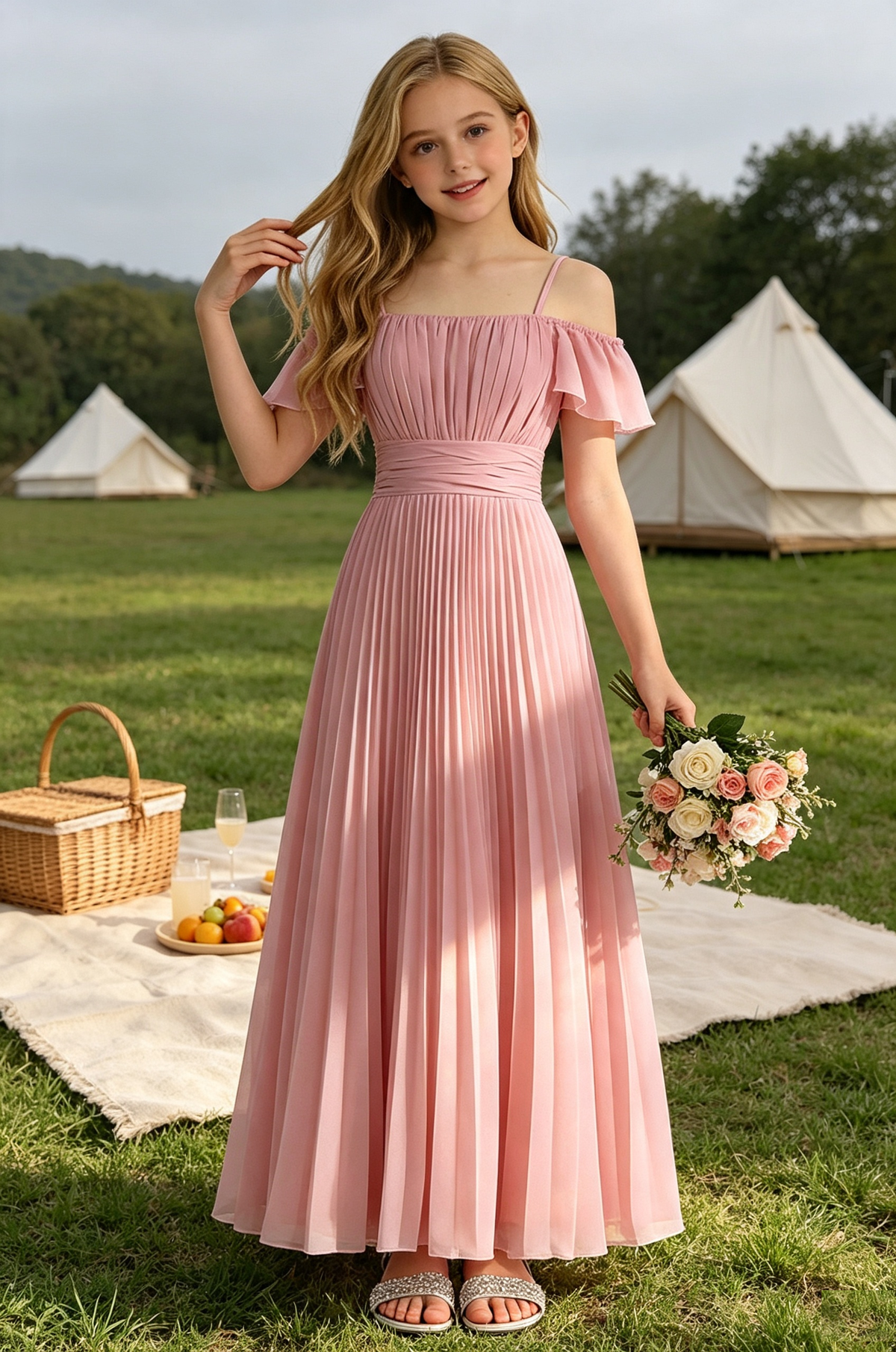 Pink Chiffon Off‑Shoulder Spaghetti Strap Pleated A‑Line Dress