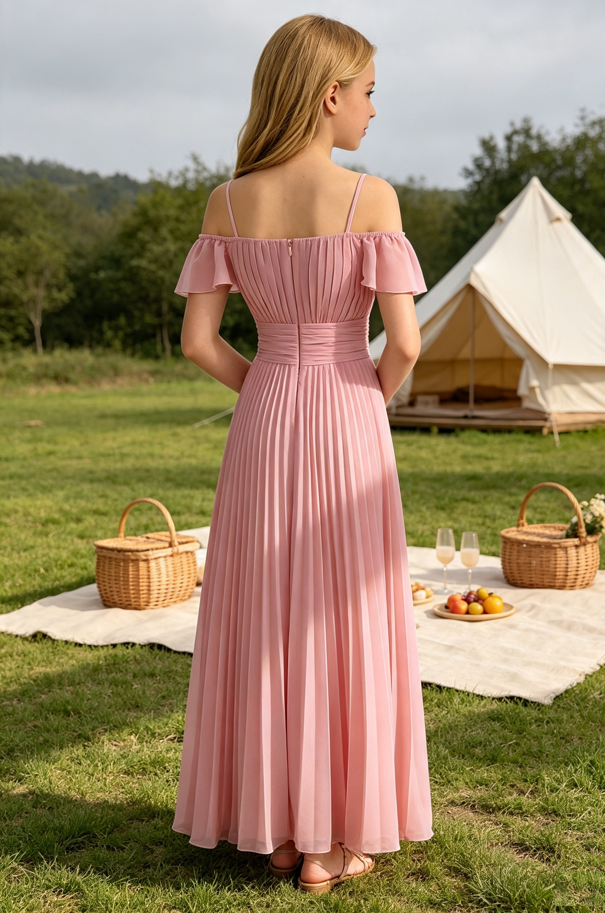 Pink Chiffon Off‑Shoulder Spaghetti Strap Pleated A‑Line Dress
