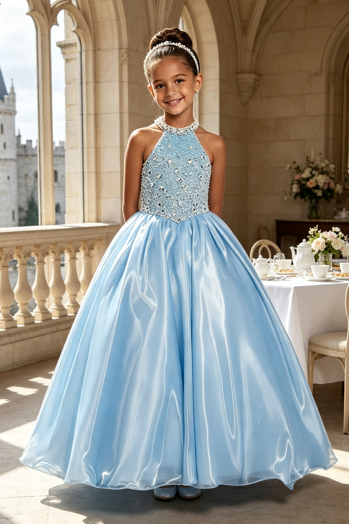 Sky Blue Shimmer Satin Rhinestone Beaded Halter Neck A‑Line Dress