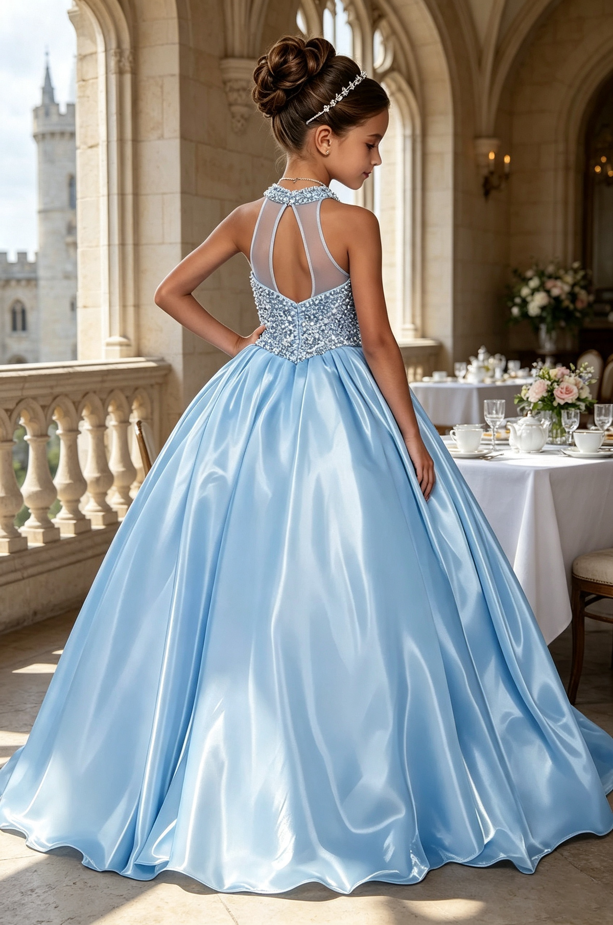 Sky Blue Shimmer Satin Rhinestone Beaded Halter Neck A‑Line Dress