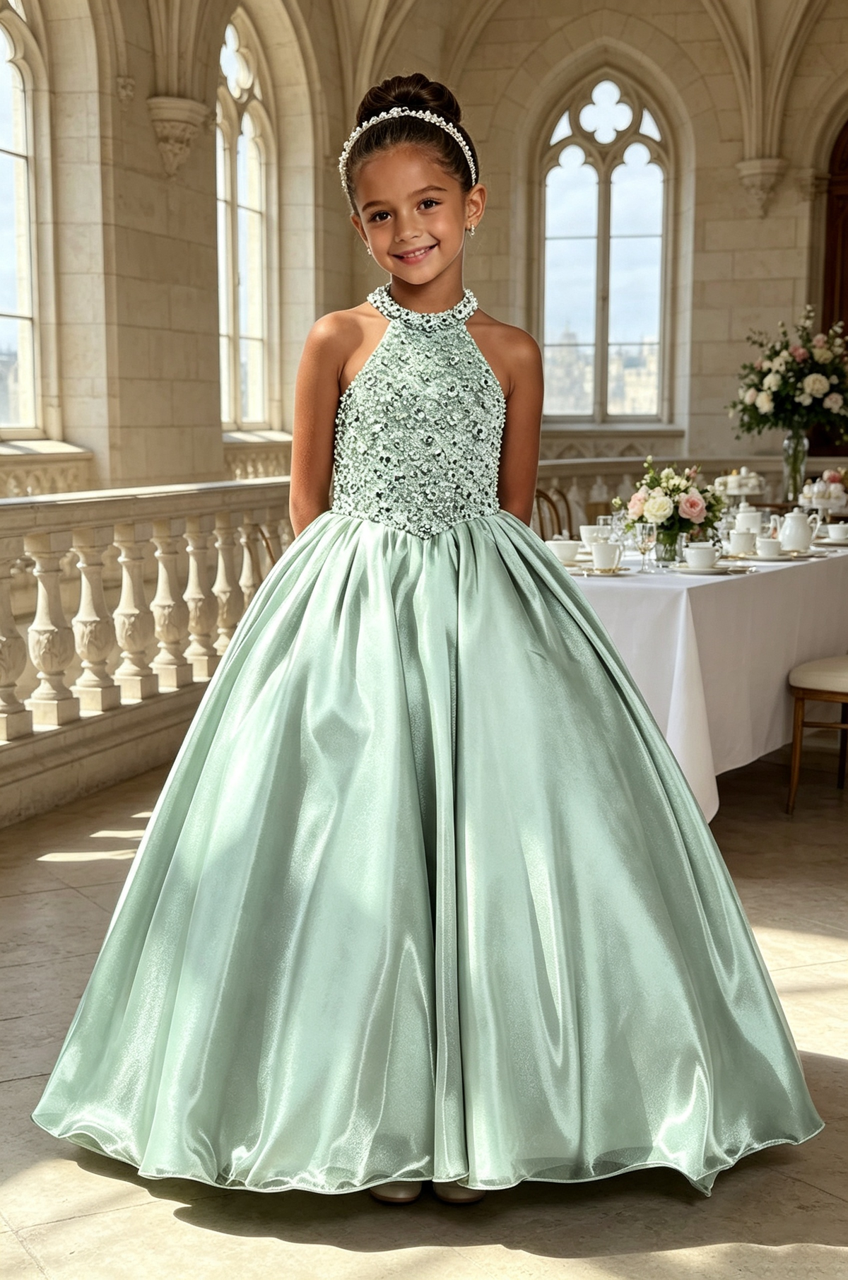 Sky Blue Shimmer Satin Rhinestone Beaded Halter Neck A‑Line Dress