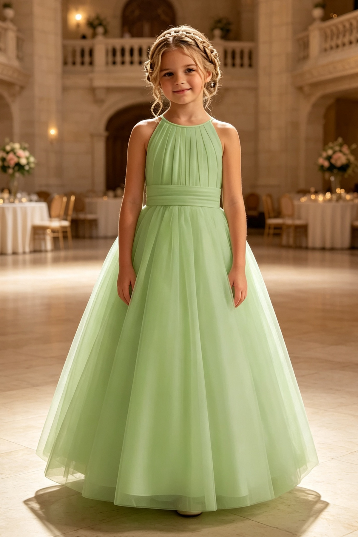 White Tulle Halter Neck  A‑Line Flower Girl Dress