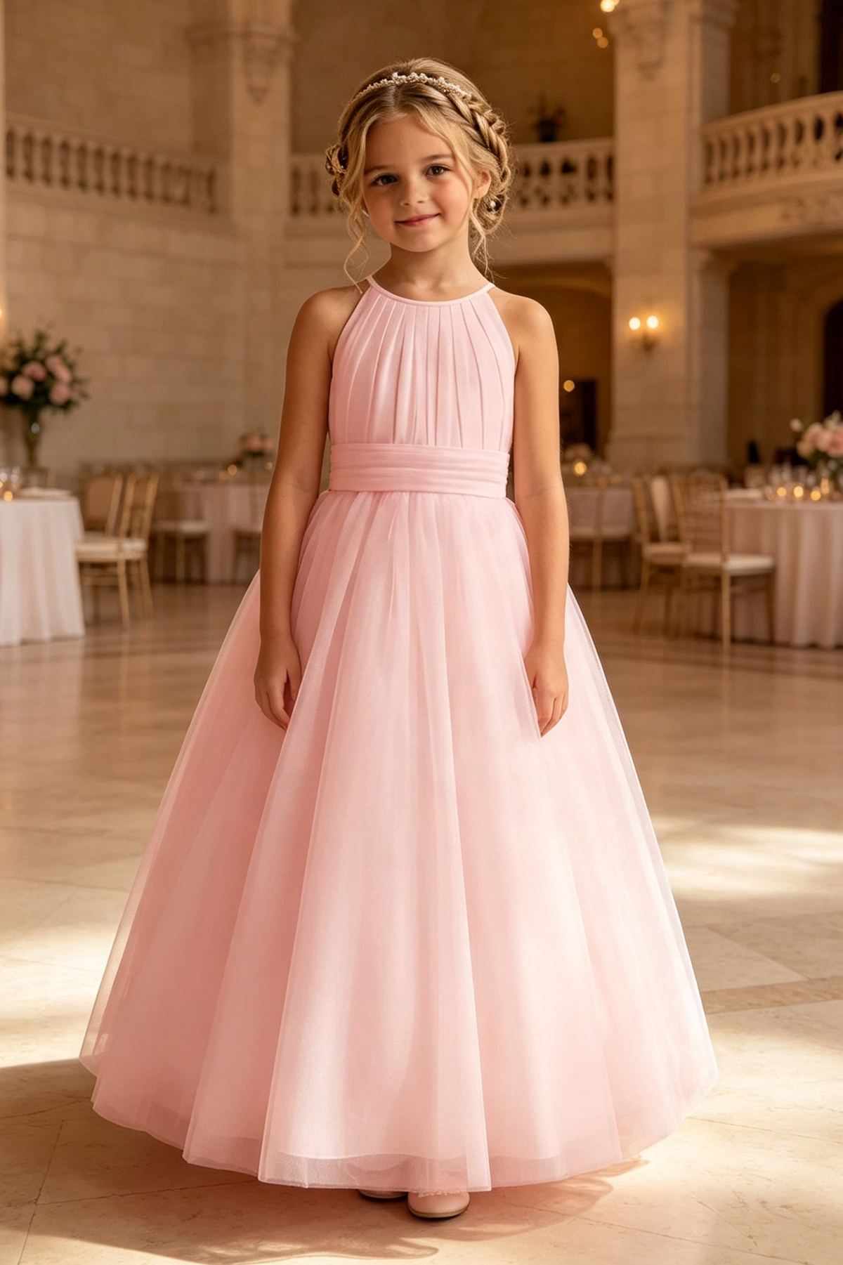White Tulle Halter Neck  A‑Line Flower Girl Dress