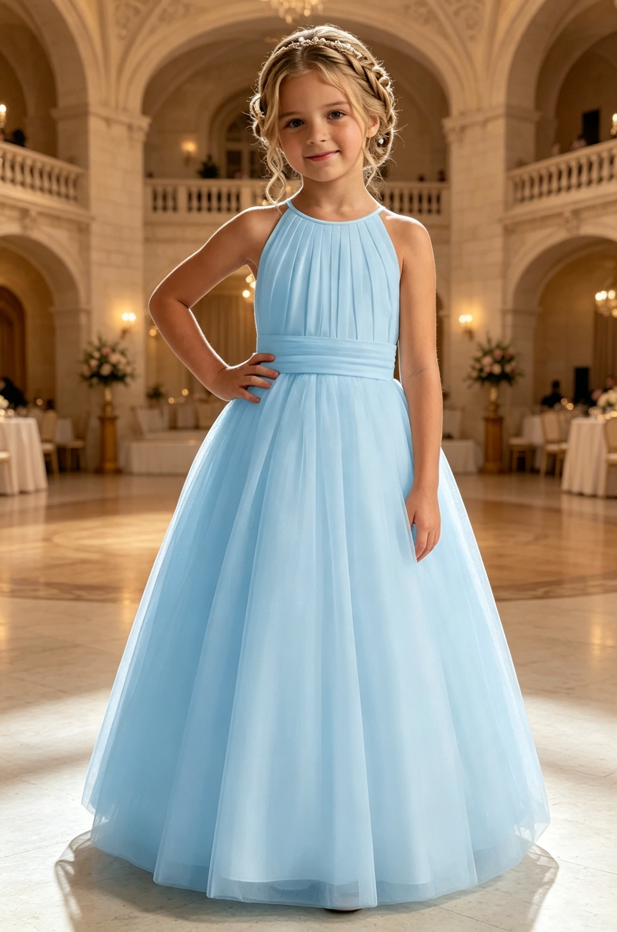 White Tulle Halter Neck  A‑Line Flower Girl Dress