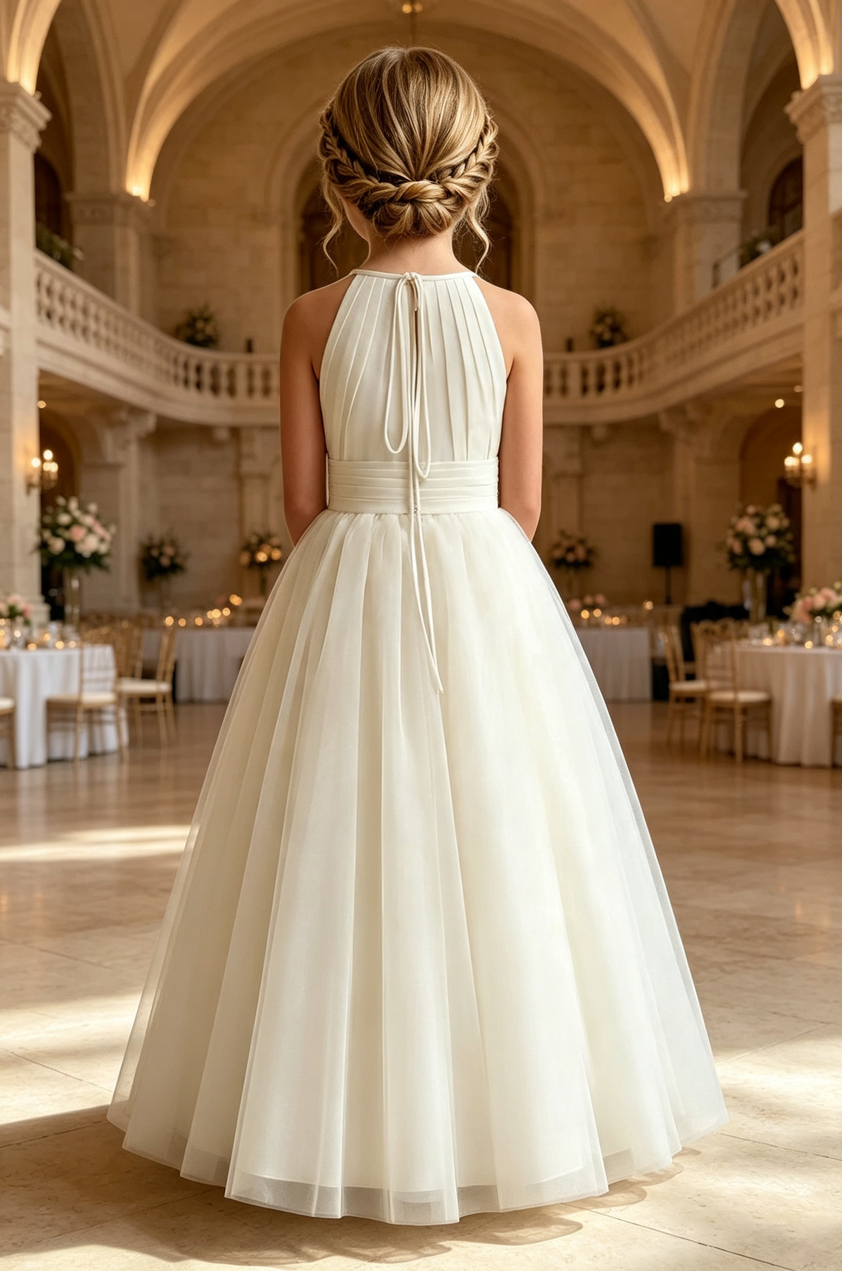 White Tulle Halter Neck  A‑Line Flower Girl Dress