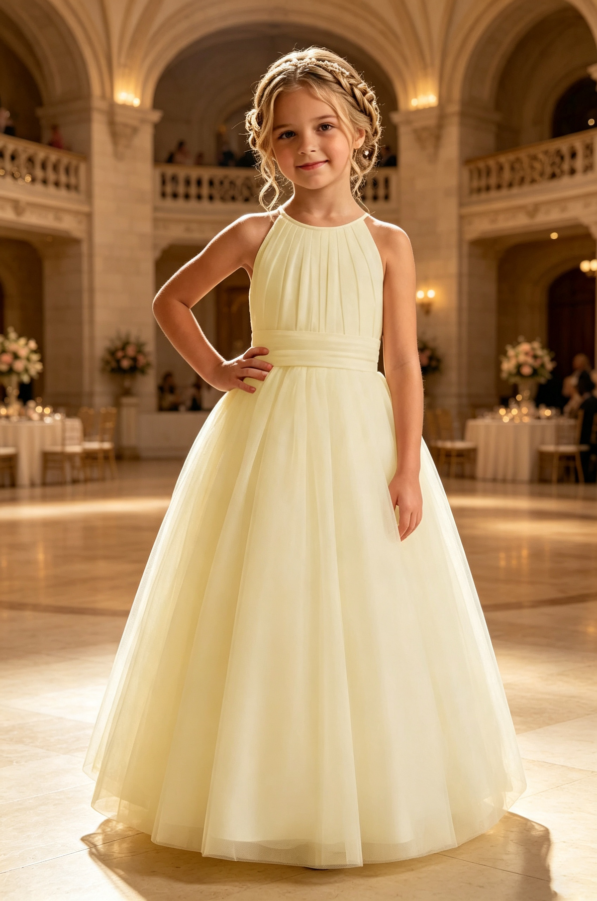 White Tulle Halter Neck  A‑Line Flower Girl Dress