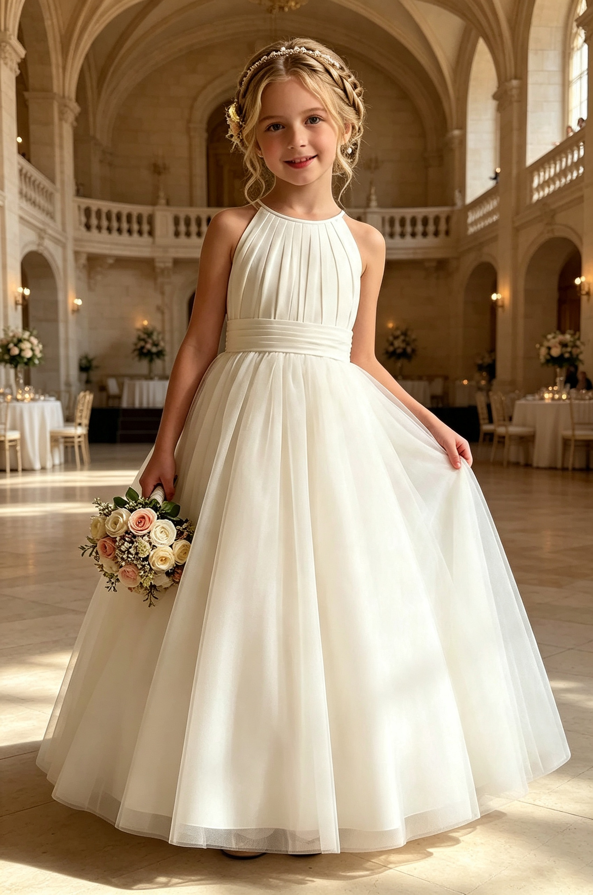 White Tulle Halter Neck  A‑Line Flower Girl Dress