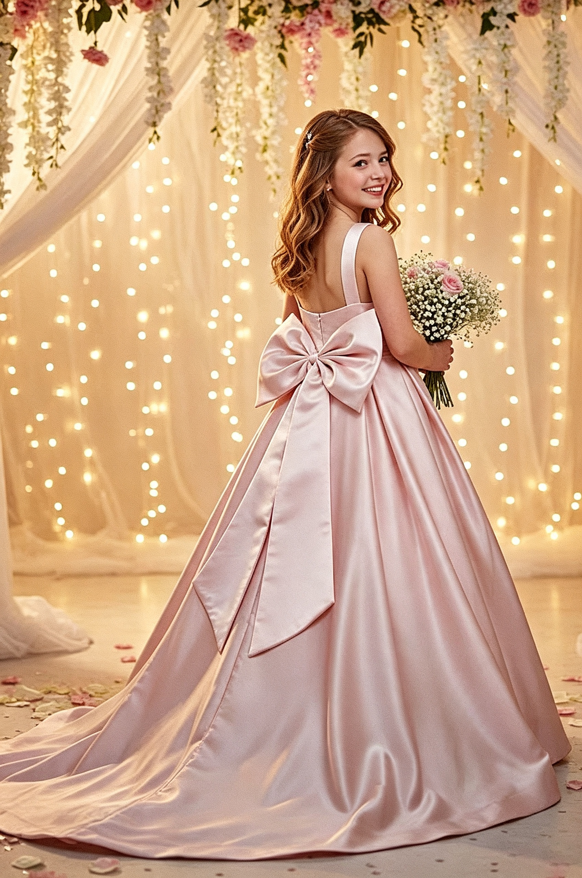 Pink Satin Large Back Bow Round Neck Sleeveless A‑Line Dress