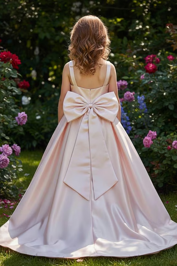 Pink Satin Large Back Bow Round Neck Sleeveless A‑Line Dress