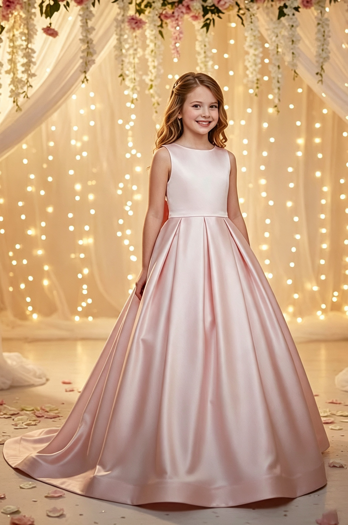 Pink Satin Large Back Bow Round Neck Sleeveless A‑Line Dress