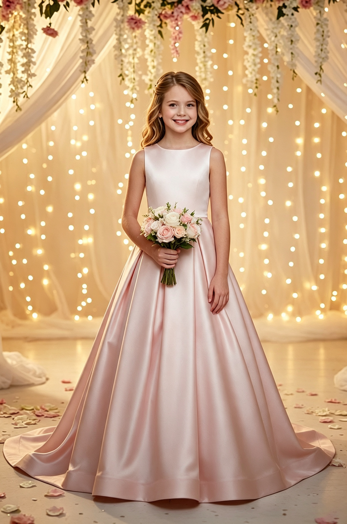 Pink Satin Large Back Bow Round Neck Sleeveless A‑Line Dress