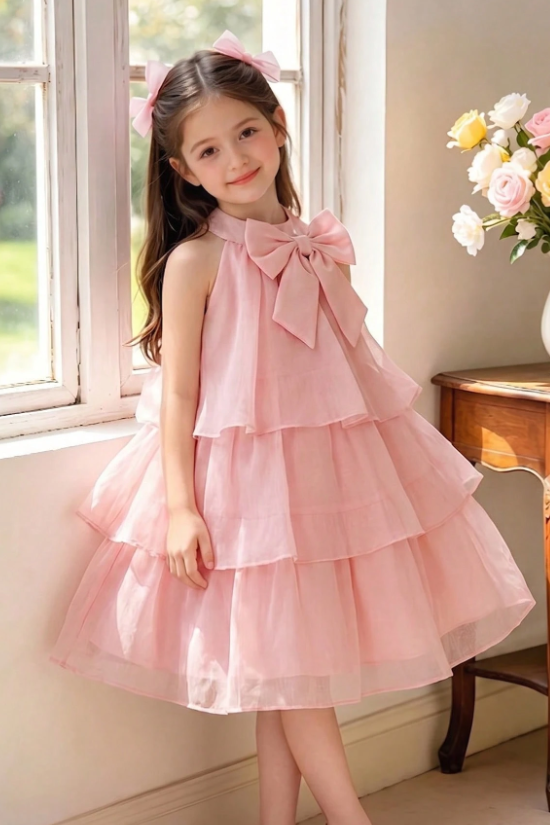 Pink Chiffon Bow Front Tiered Cake Layer A‑Line Dress