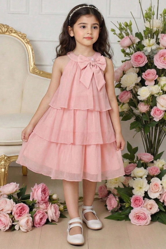 Pink Chiffon Bow Front Tiered Cake Layer A‑Line Dress