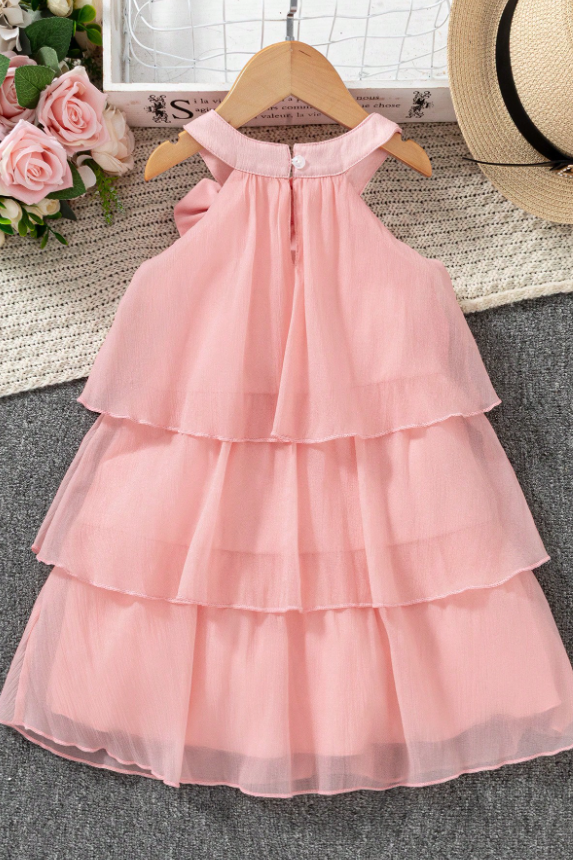 Pink Chiffon Bow Front Tiered Cake Layer A‑Line Dress