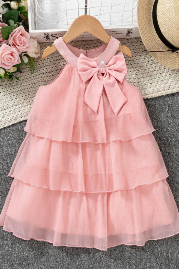 Pink Chiffon Bow Front Tiered Cake Layer A‑Line Dress