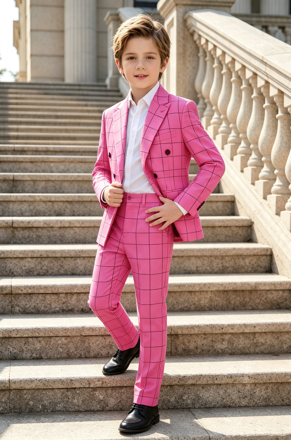 Magenta Grid Check Serge?Blend Double?Breasted 2?Piece Suit Set