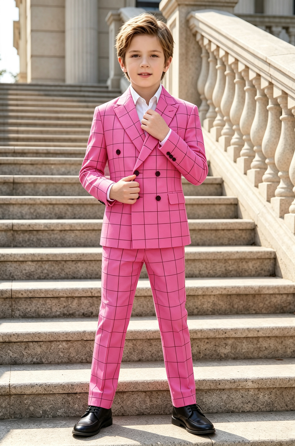 Magenta Grid Check Serge?Blend Double?Breasted 2?Piece Suit Set