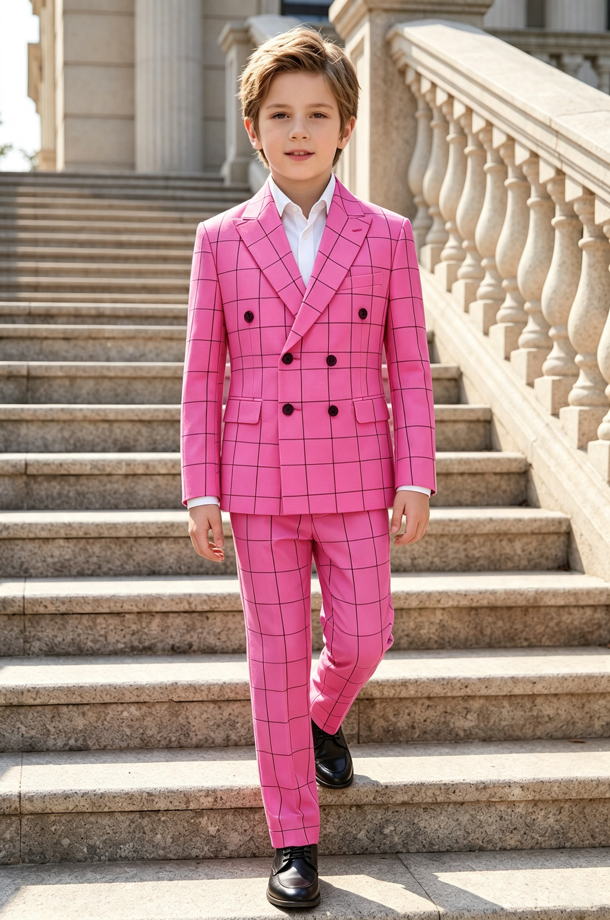Magenta Grid Check Serge?Blend Double?Breasted 2?Piece Suit Set
