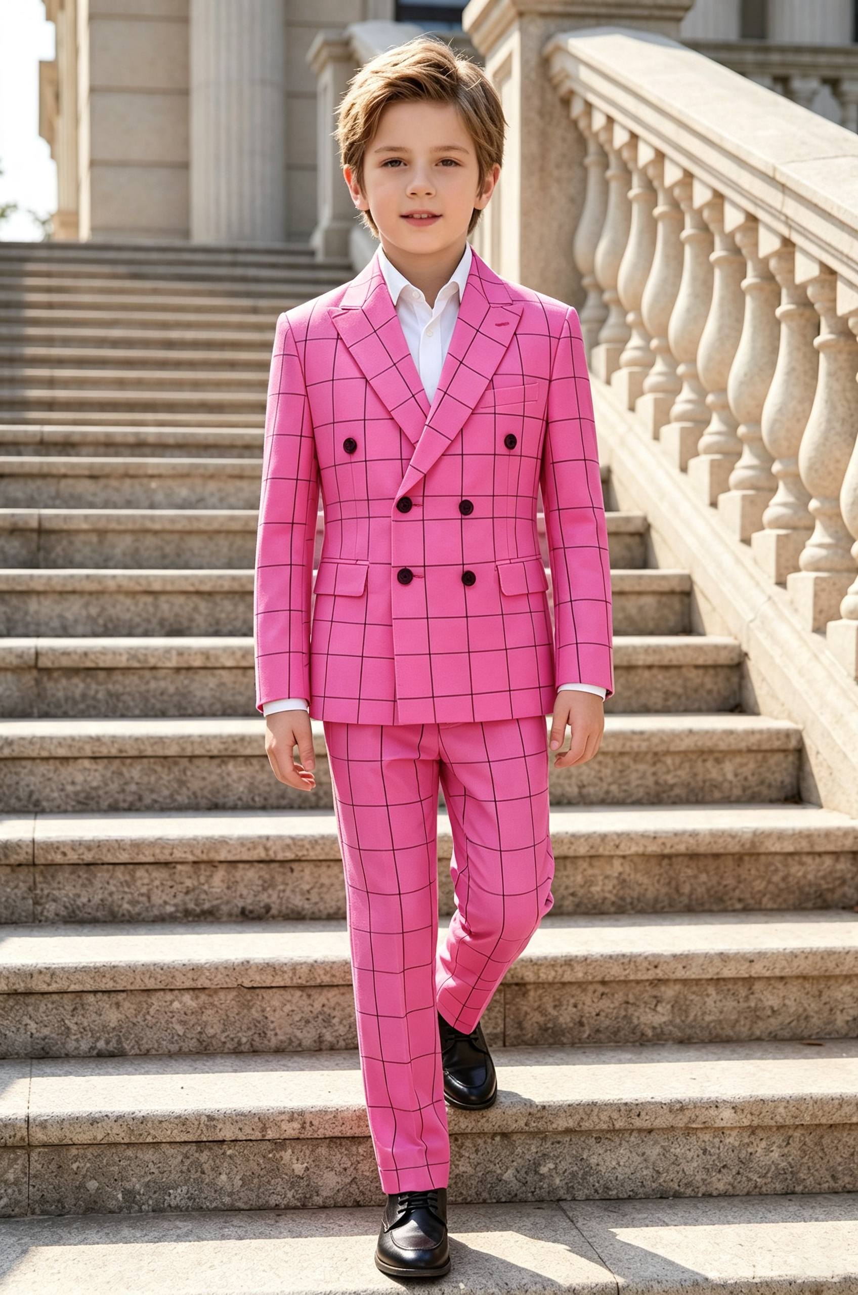 Magenta Grid Check Serge?Blend Double?Breasted 2?Piece Suit Set