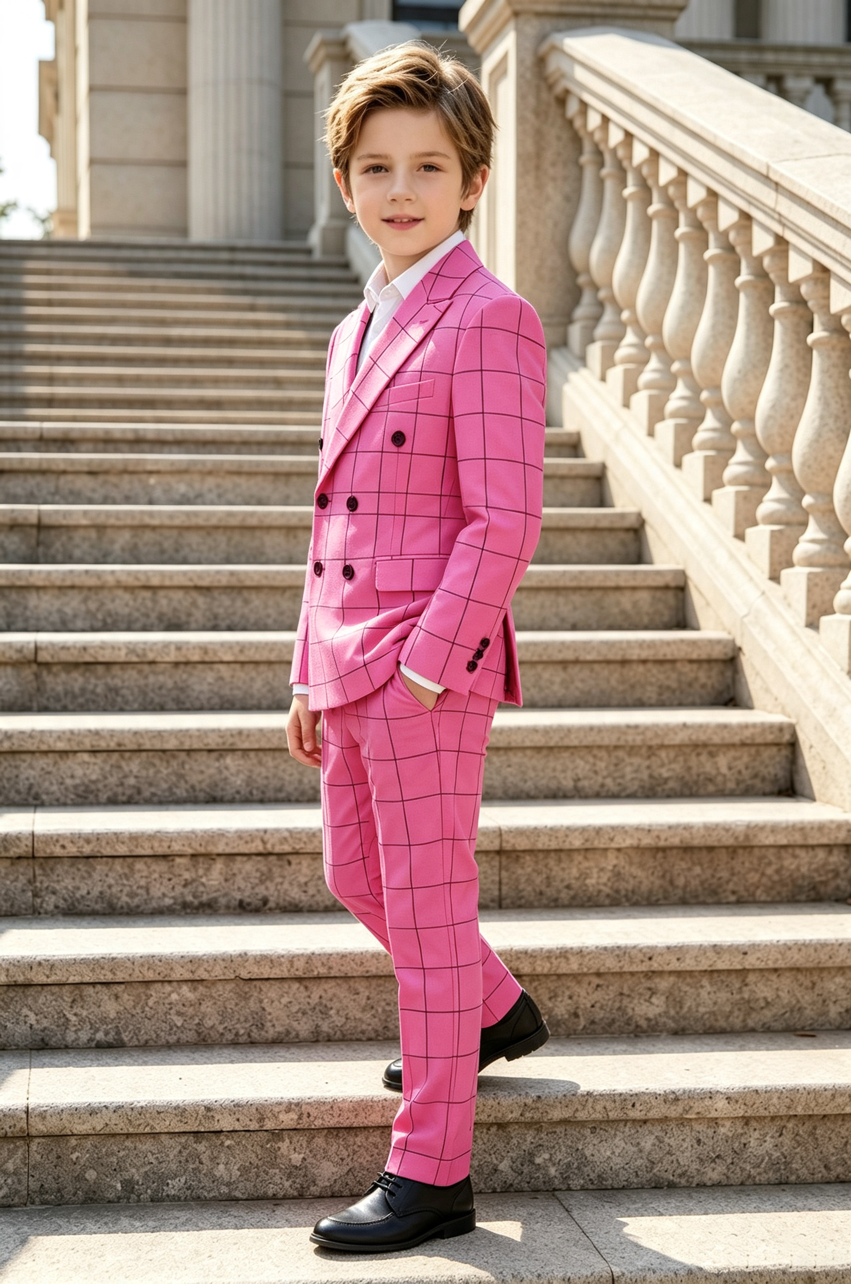 Magenta Grid Check Serge?Blend Double?Breasted 2?Piece Suit Set
