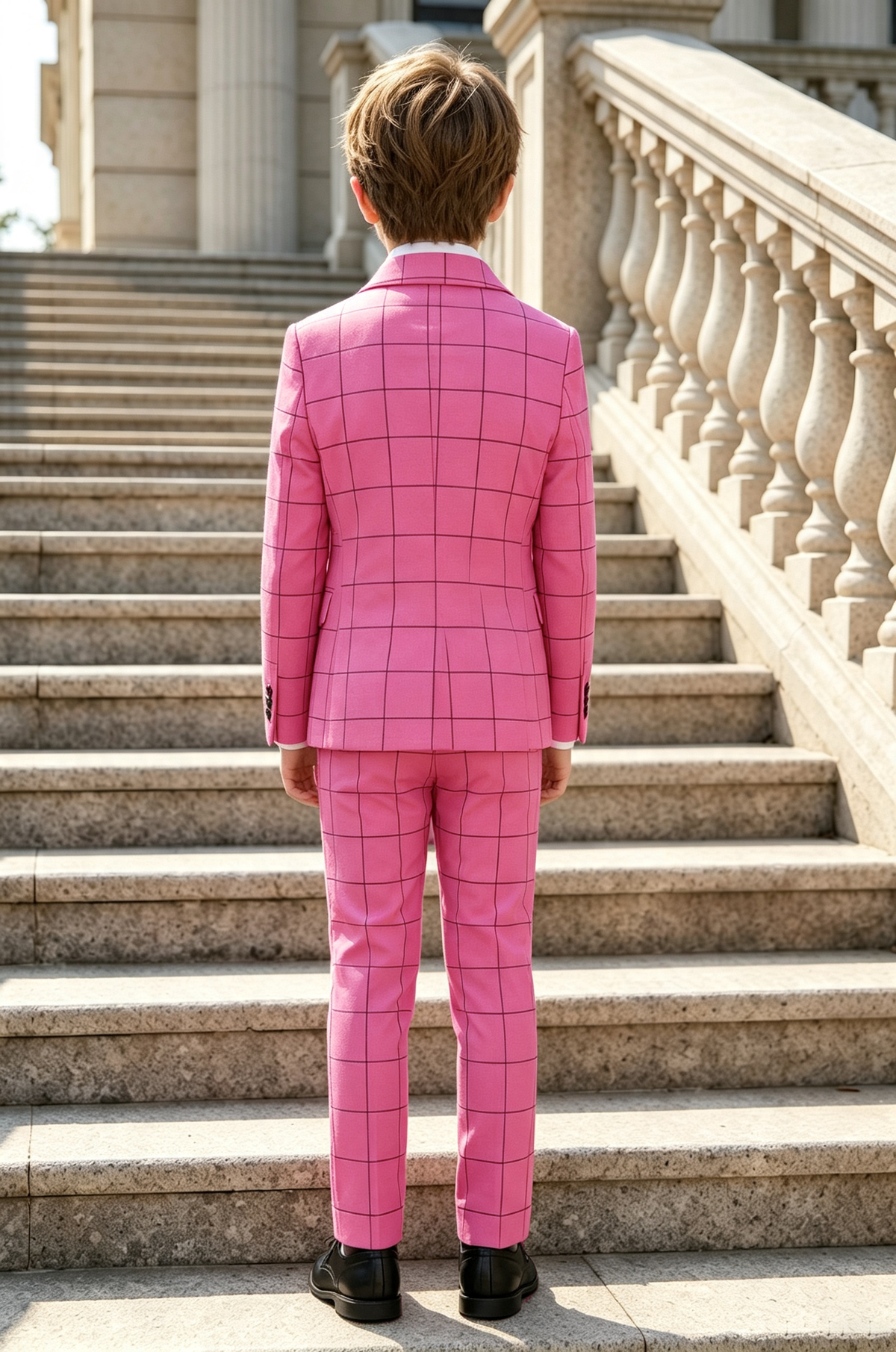 Magenta Grid Check Serge?Blend Double?Breasted 2?Piece Suit Set