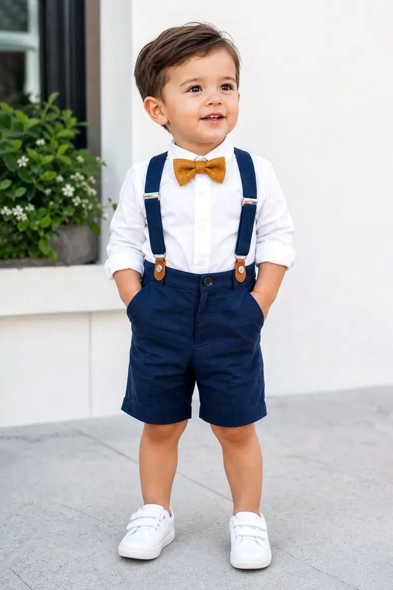 Navy Cotton?Linen Blend Suspender Shorts