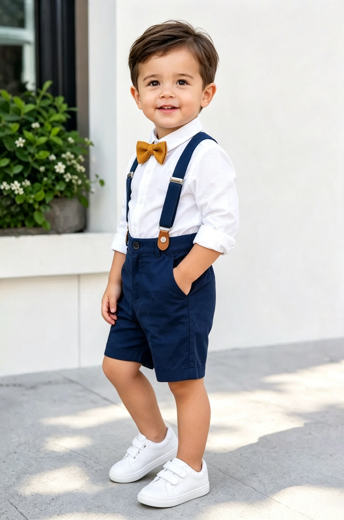 Navy Cotton?Linen Blend Suspender Shorts