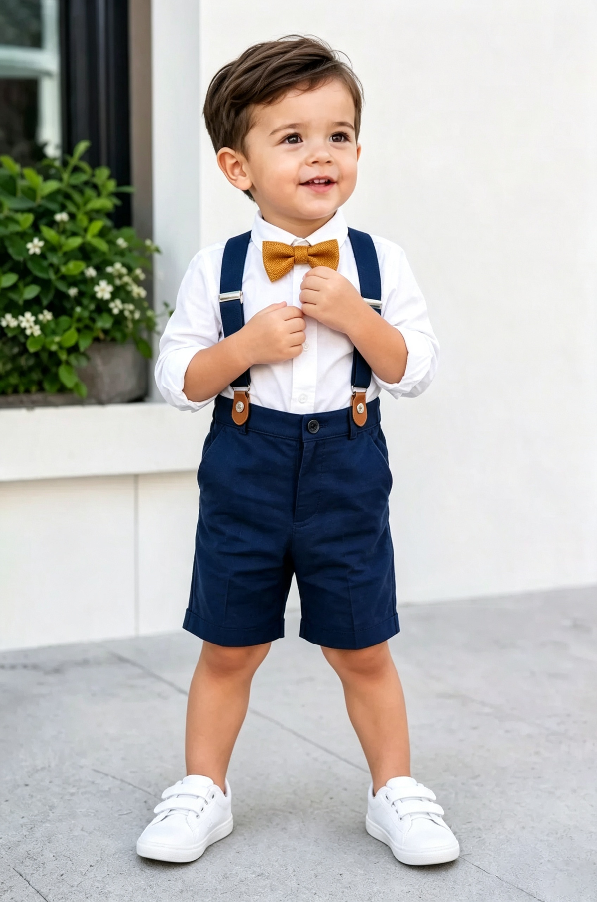 Navy Cotton?Linen Blend Suspender Shorts