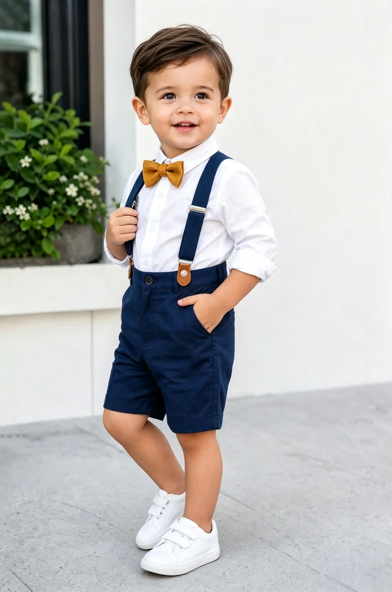 Navy Cotton?Linen Blend Suspender Shorts
