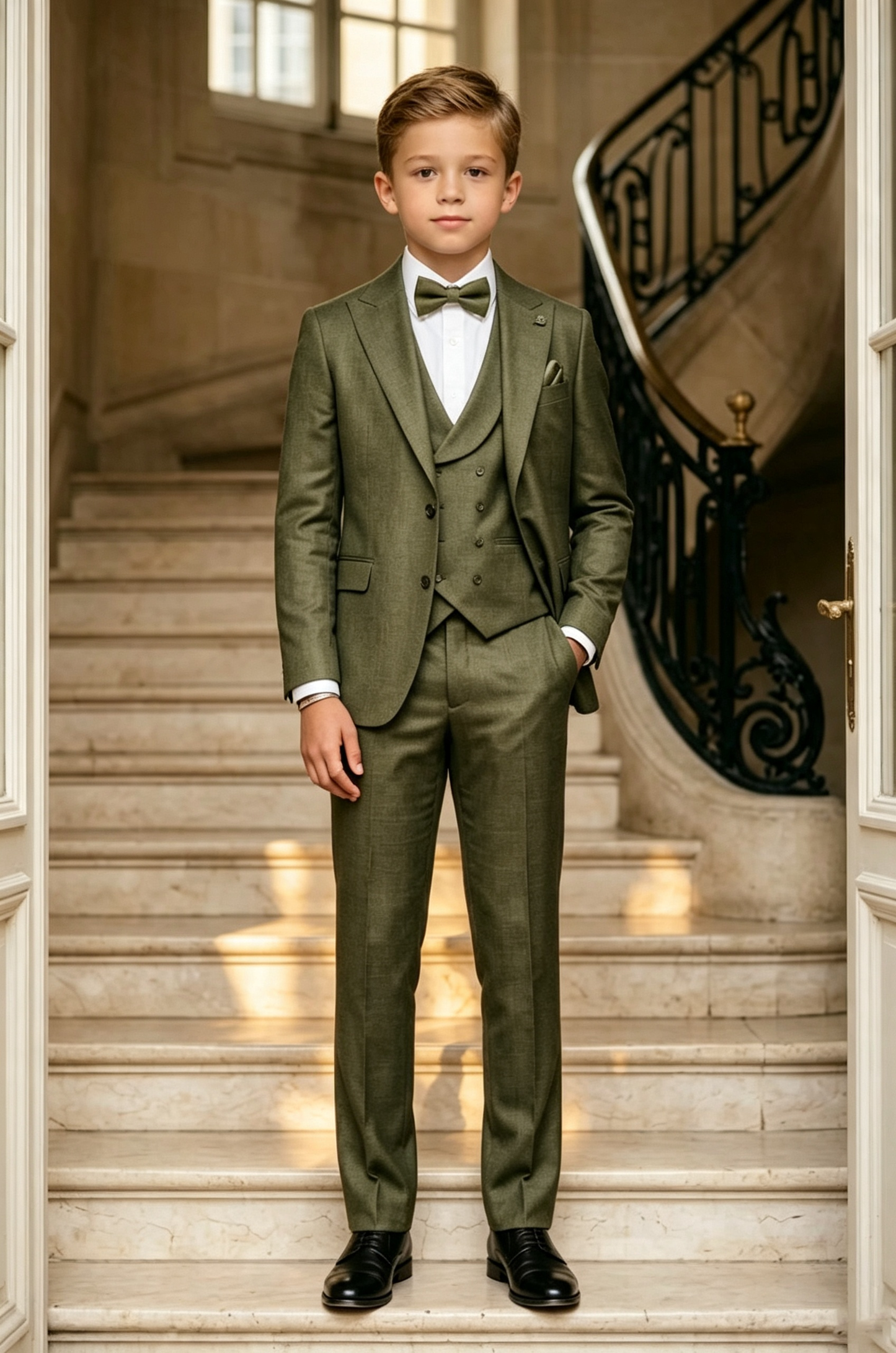 Olive?Green Cotton?Linen Blend Single?Breasted Formal 3?Piece Suit